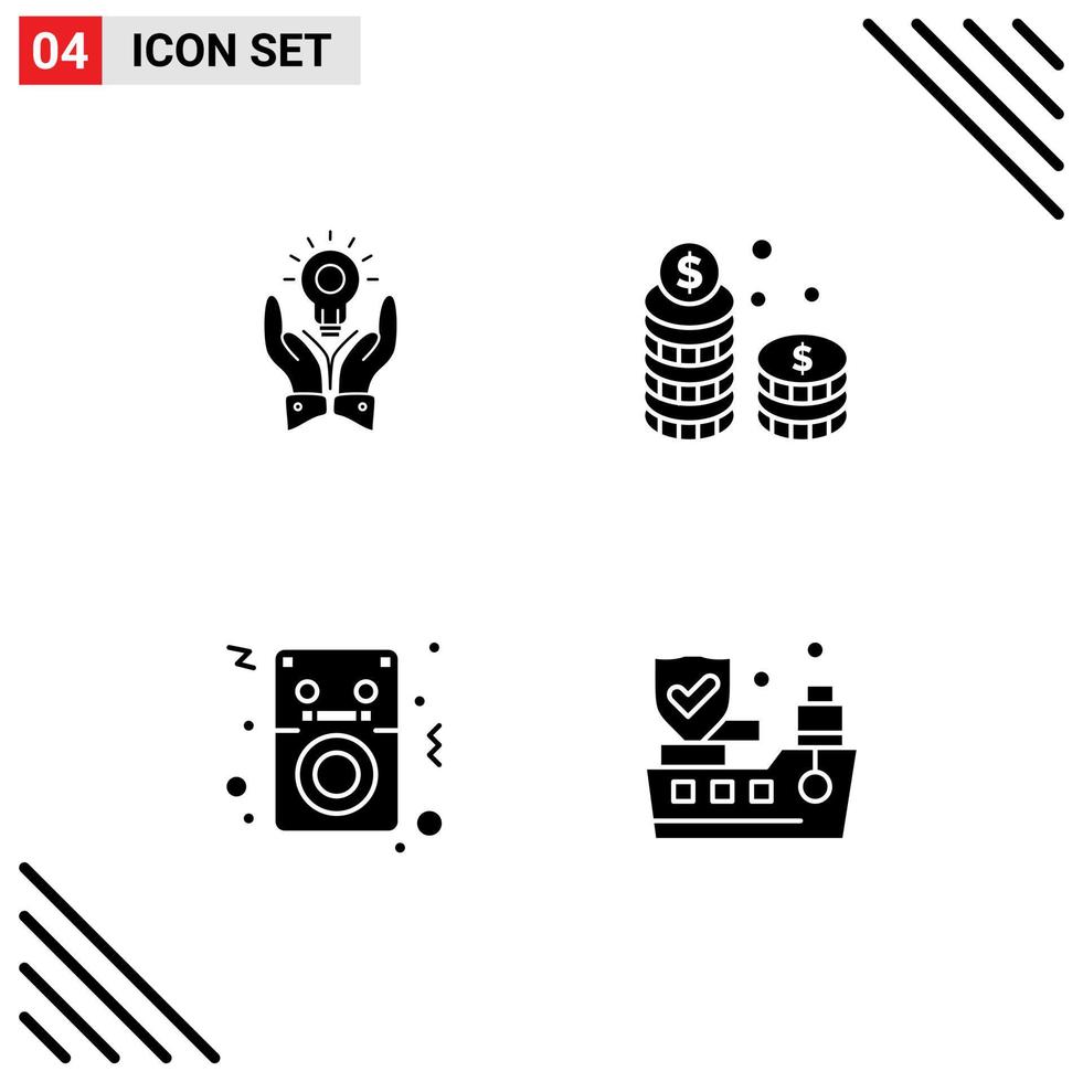 4 thematische Vektor-Solid-Glyphen und bearbeitbare Symbole von Lösungsbargeld-Handmünzen Audio-bearbeitbare Vektordesign-Elemente vektor