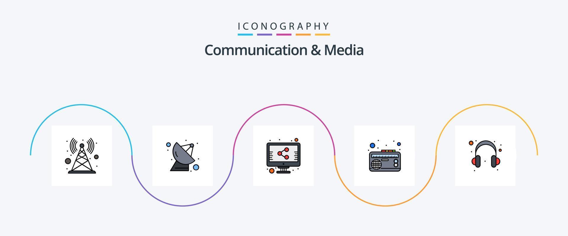 kommunikation och media linje fylld platt 5 ikon packa Inklusive hjälp. audio. fil. musik. radio vektor