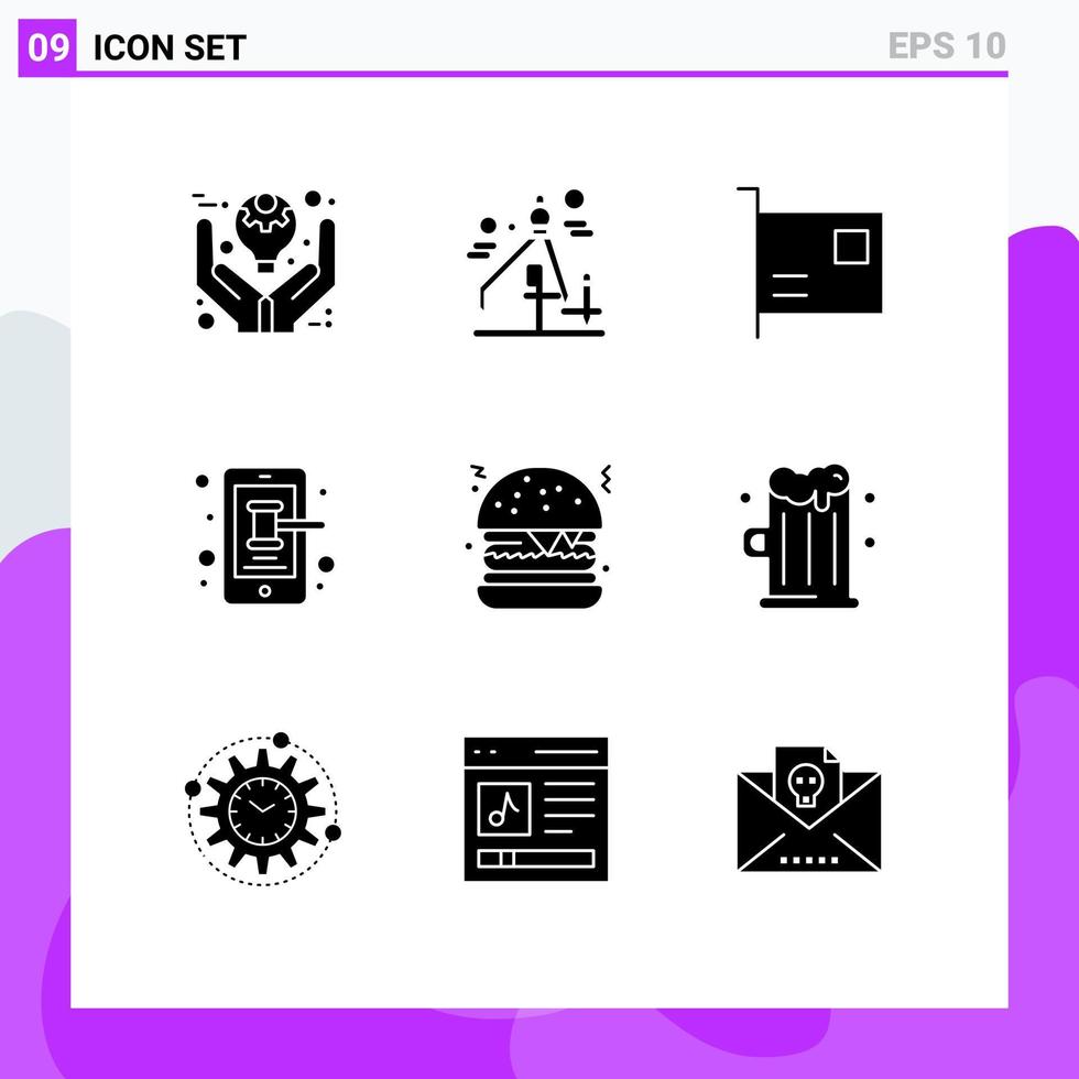 packa av 9 kreativ fast glyfer av burger smartphone kort telefon hårdvara redigerbar vektor design element