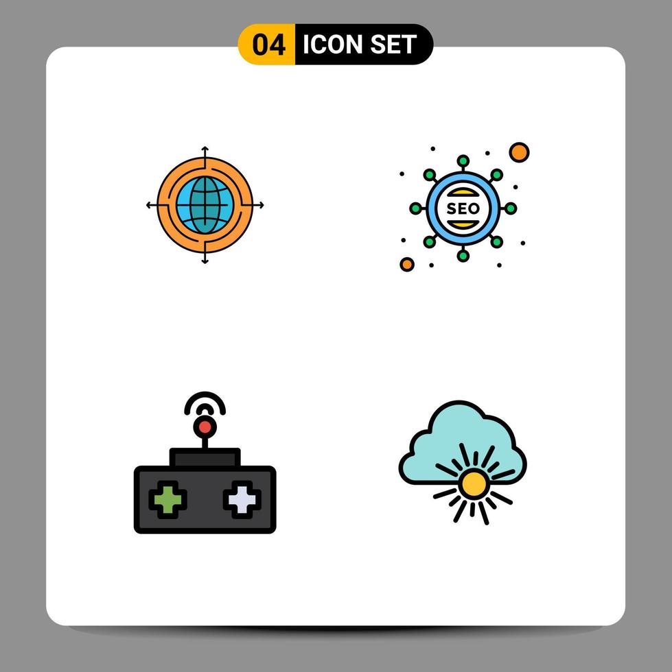 4 universelle, gefüllte, flache Farbzeichen, Symbole von Globus rc, verbunden, SEO-Spielzeug, editierbare Vektordesign-Elemente vektor