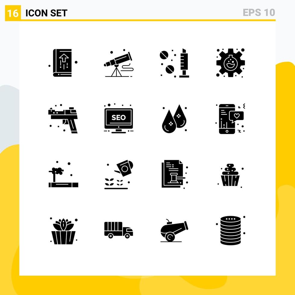 Packung mit 16 kreativen soliden Glyphen von Forschungskolben, Astronomie, Experiment, Medizin, bearbeitbare Vektordesign-Elemente vektor