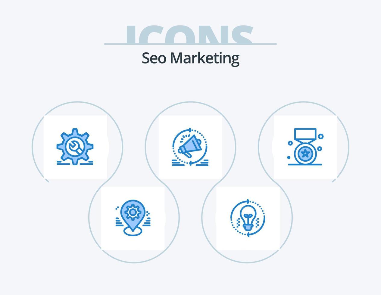 SEO-Marketing blau Icon Pack 5 Icon-Design. Megaphon. Werbung. Lösung. Aufbau. Rad vektor