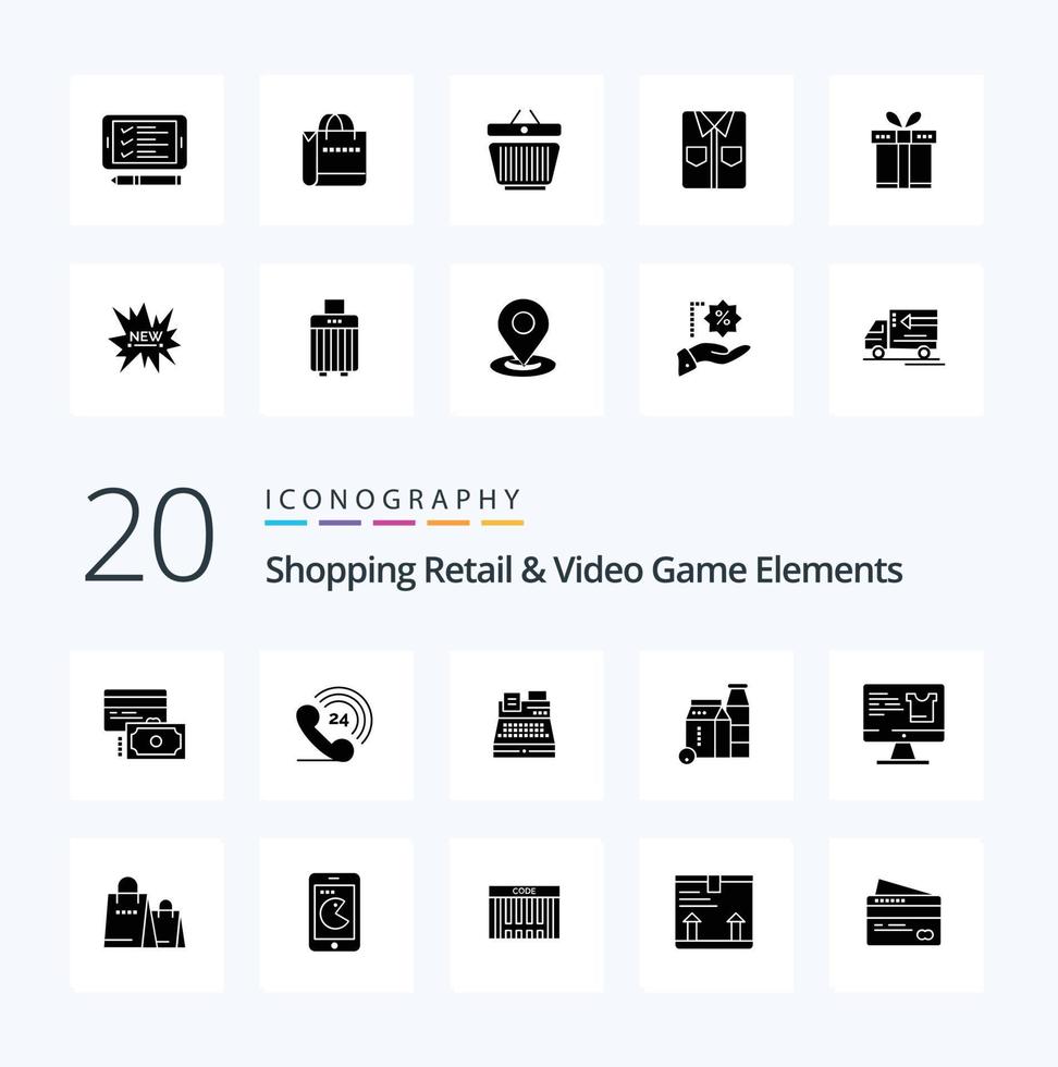 20 Shopping-Einzelhandels- und Videospielelemente solides Glyphen-Icon-Pack wie Monitor-Computerdruck-Einkaufsbox vektor
