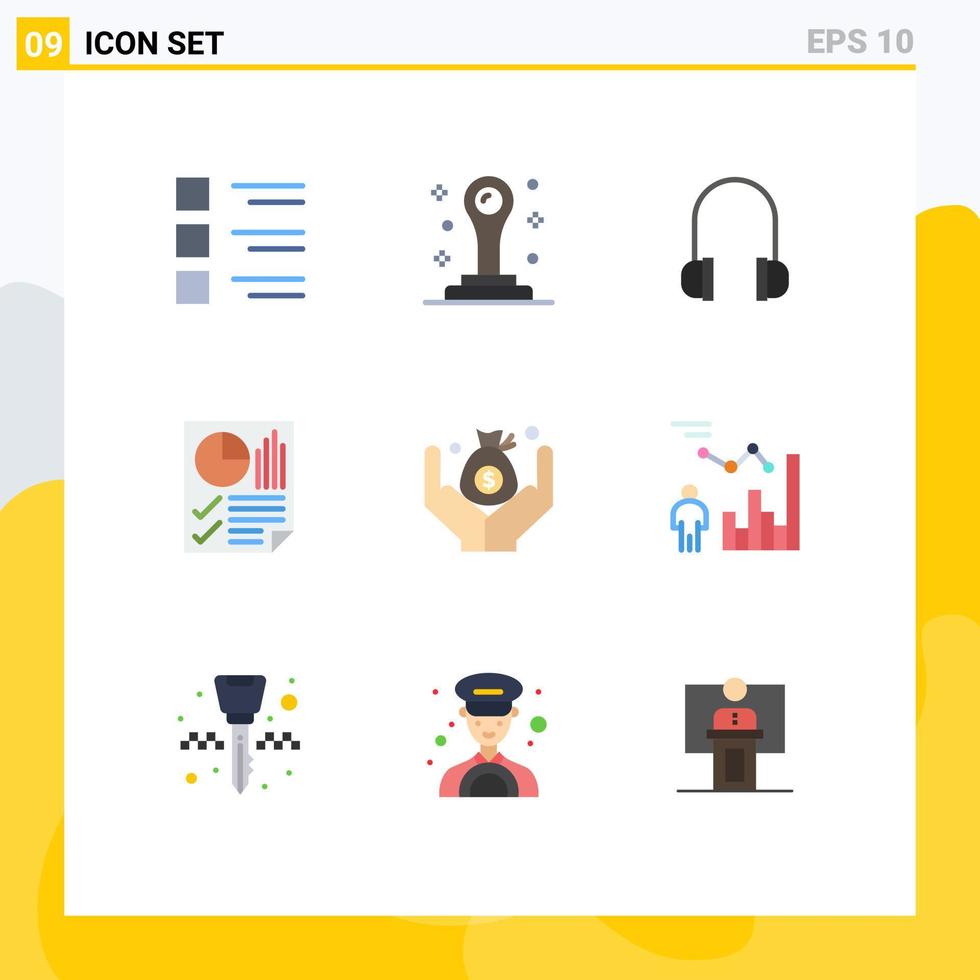 redigerbar vektor linje packa av 9 enkel platt färger av pengar Rapportera hörlurar sida data redigerbar vektor design element