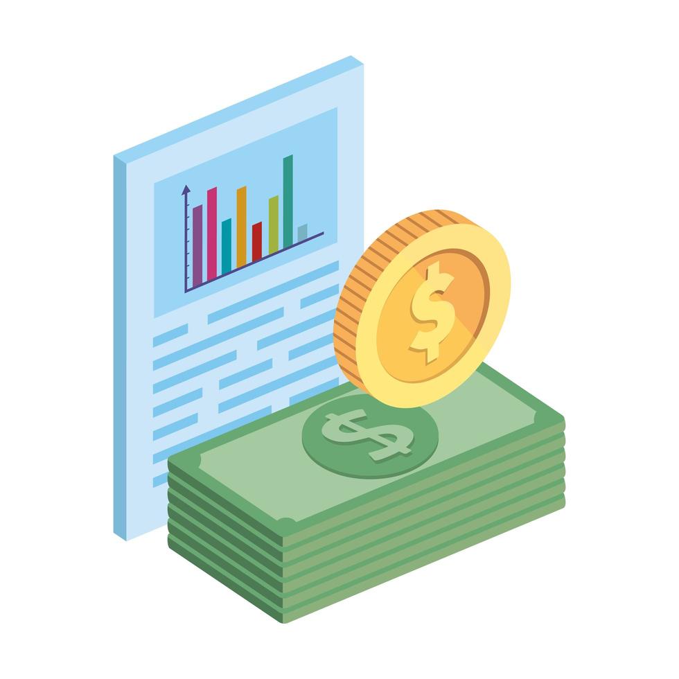 Stapel Rechnungen mit Münzgeld und Infografik vektor
