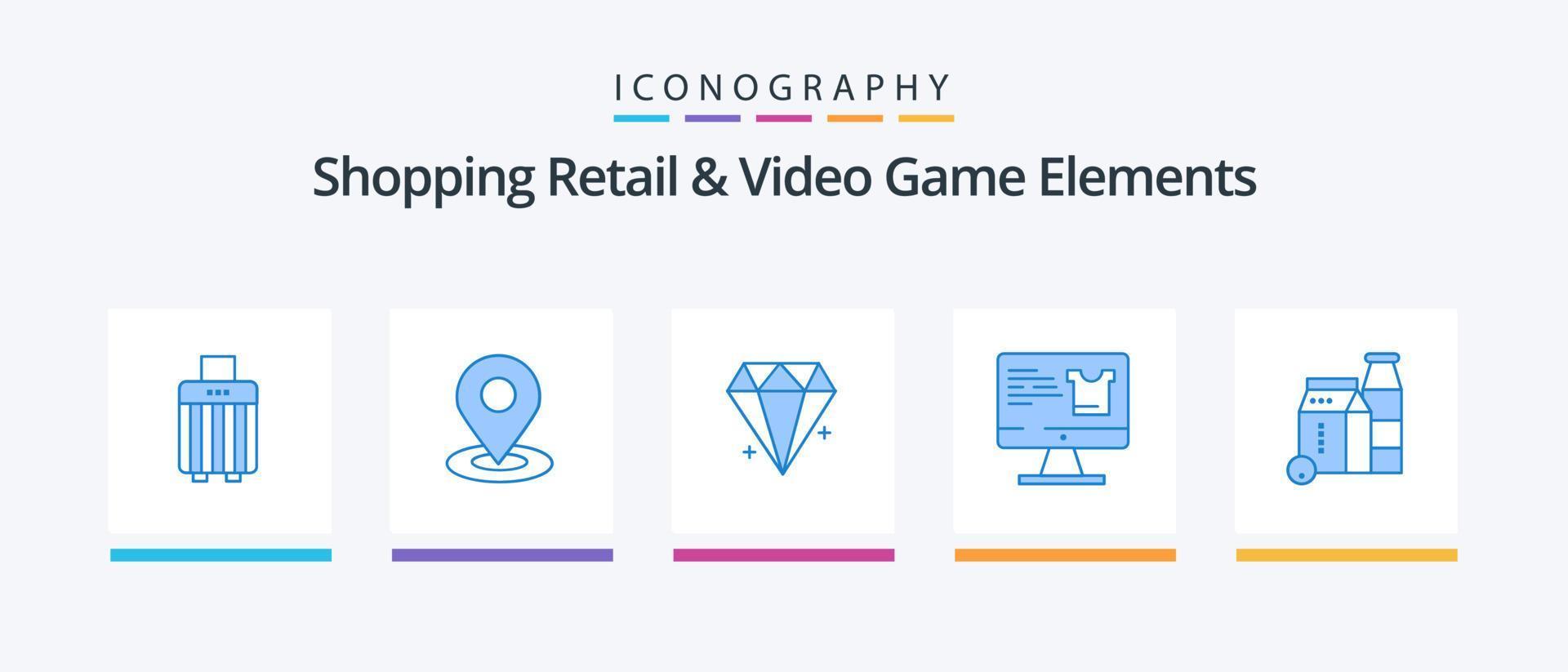 Shopping Einzelhandel und Videospielelemente Blue 5 Icon Pack inklusive Box. Einkaufen. Diamant. überwachen . Computer. kreatives Symboldesign vektor