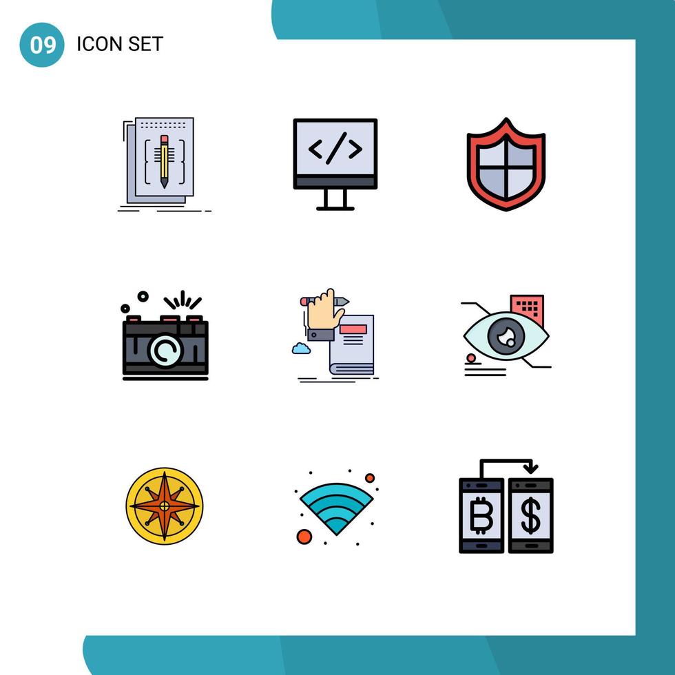 9 fylld linje platt Färg begrepp för webbplatser mobil och appar kunskap fånga antivirus bild fotografi redigerbar vektor design element