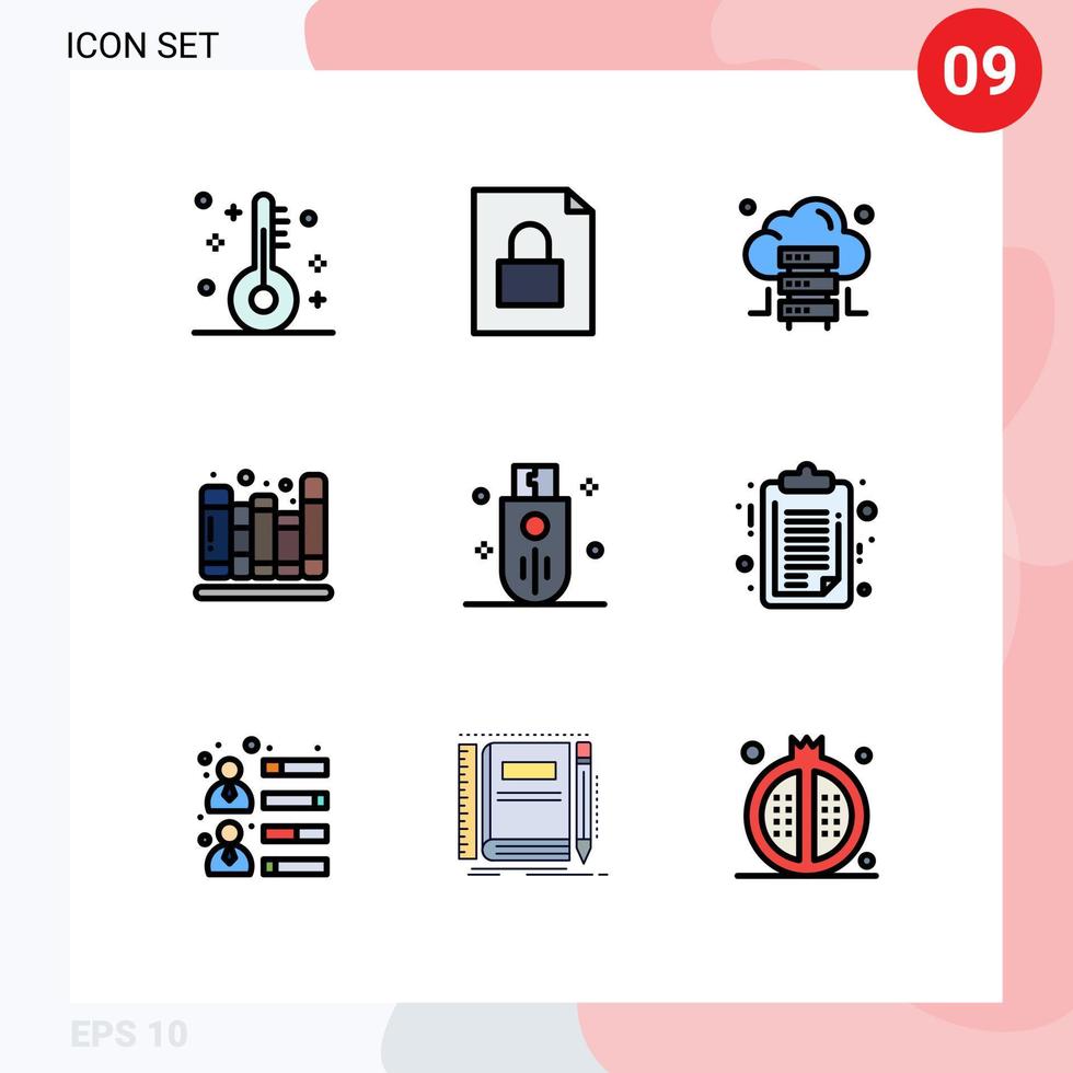 Gruppe von 9 modernen Filledline-Flachfarben für Stick-Speicher-Hosting-Geräte Bildung editierbare Vektordesign-Elemente vektor