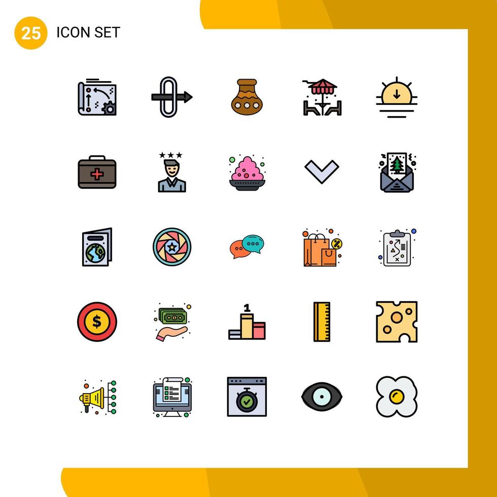 Stock Vector Icon Pack mit 25 Linienzeichen und Symbolen für Sonnenmöbel, Sanddinner, Strand, editierbare Vektordesign-Elemente