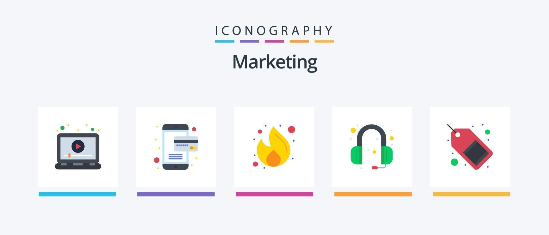 Marketing Flat 5 Icon Pack inklusive Handel. Unterstützung. Geschäft. Kopfhörer. seo. kreatives Symboldesign vektor