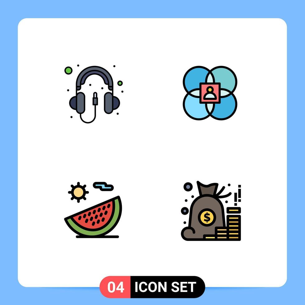 Gruppe von 4 gefüllten flachen Farben Zeichen und Symbolen für bearbeitbare Vektordesign-Elemente für Audio-Strandkopfhörer menschliche Früchte vektor