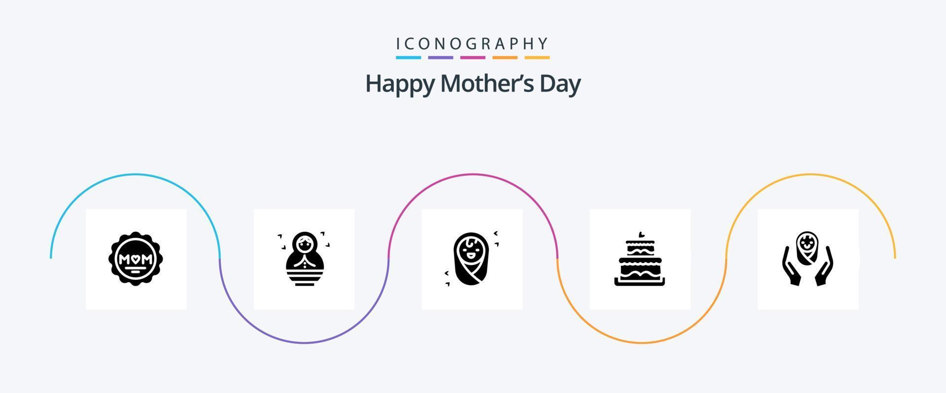 Lycklig mödrar dag glyf 5 ikon packa Inklusive barn vård logotyp . bebis vård . barn. händer . bröllop kaka vektor