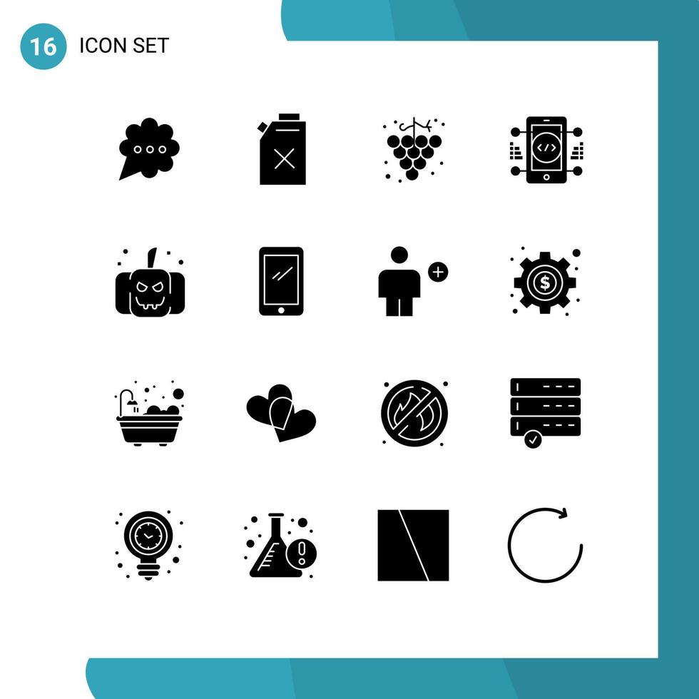 redigerbar vektor linje packa av 16 enkel fast glyfer av smart telefon skrämmande druva pumpa webb redigerbar vektor design element