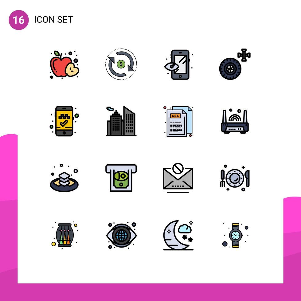 platt Färg fylld linje packa av 16 universell symboler av mobil app bok cab pengar hjul bil redigerbar kreativ vektor design element