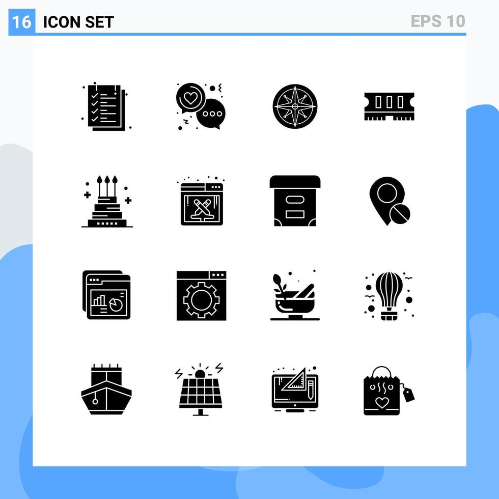 Bearbeitbares Vektorlinienpaket mit 16 einfachen soliden Glyphen von Kuchengedächtnis Frauen Hardwarenavigator bearbeitbare Vektordesignelemente vektor