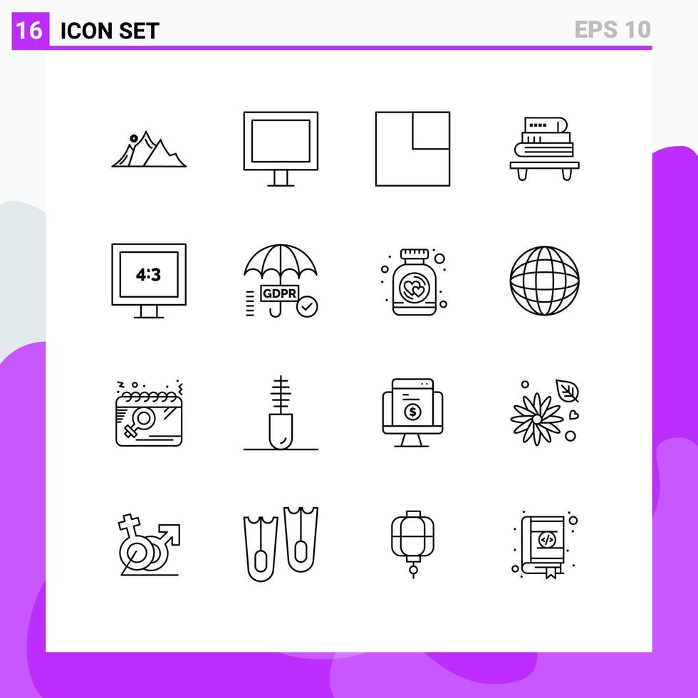 Stock Vector Icon Pack mit 16 Zeilenzeichen und Symbolen für die Anzeige von Büchern, TV-Bildung, Power, editierbare Vektordesign-Elemente