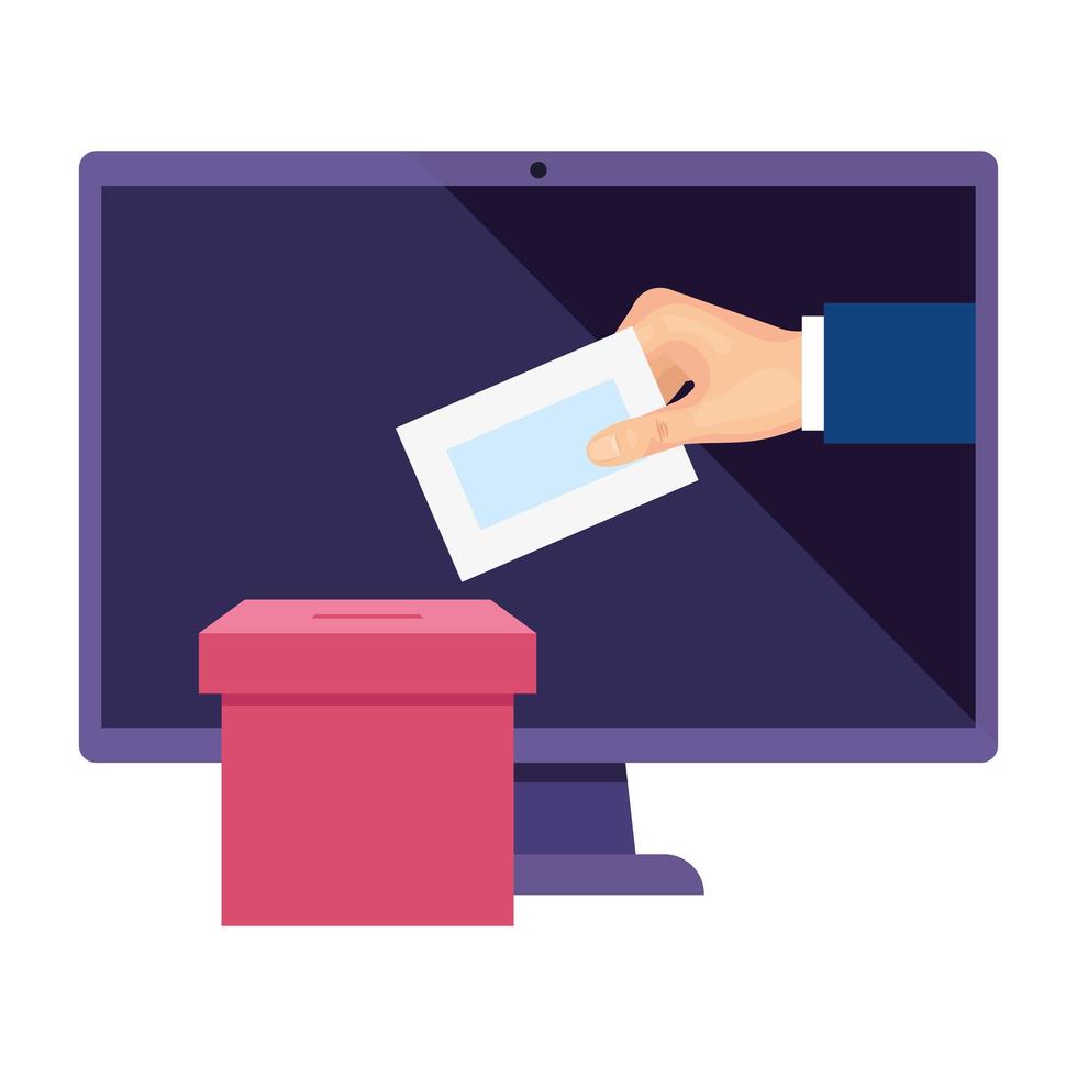 Computer zur Online-Abstimmung mit Wahlurne und Hand vektor