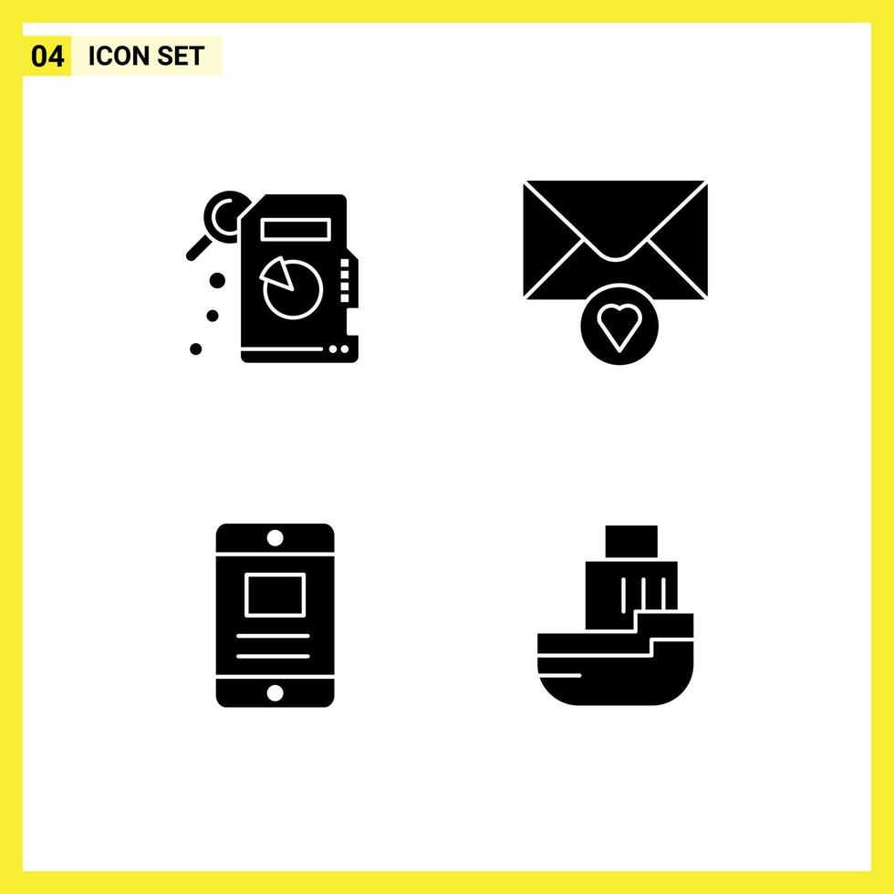 4 solides Glyphen-Konzept für Websites, mobile und Apps, beschreibende Statistiken, Zustellung, Nachrichtentext, Schiff, editierbare Vektordesign-Elemente vektor