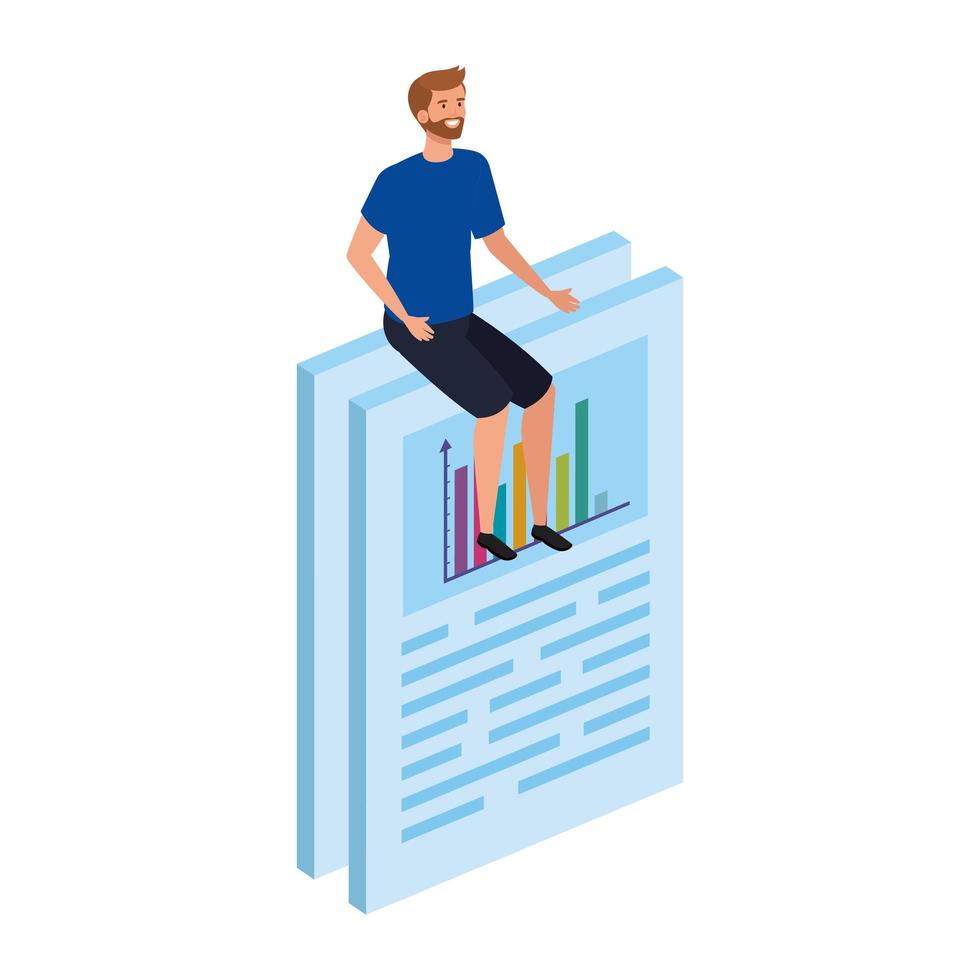 junger Mann, der im Dokument mit Infografik sitzt vektor