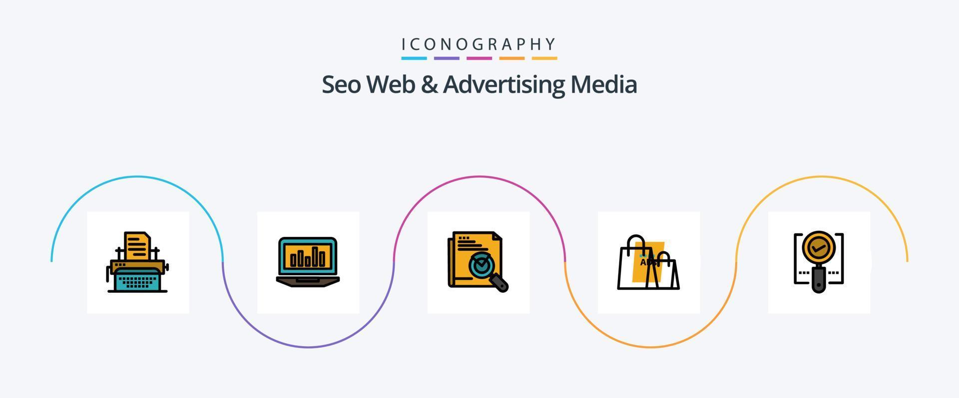 seo webb och reklam media linje fylld platt 5 ikon packa Inklusive handla annons. väska. statistik. reklam. sida Sök vektor