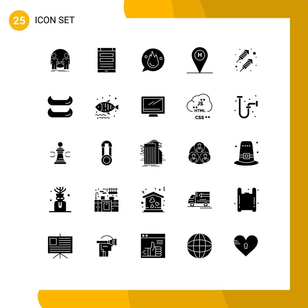 Solides Glyphenpaket mit 25 universellen Symbolen für bearbeitbare Vektordesign-Elemente für die Reisestrand-Smartphone-Schulung vektor
