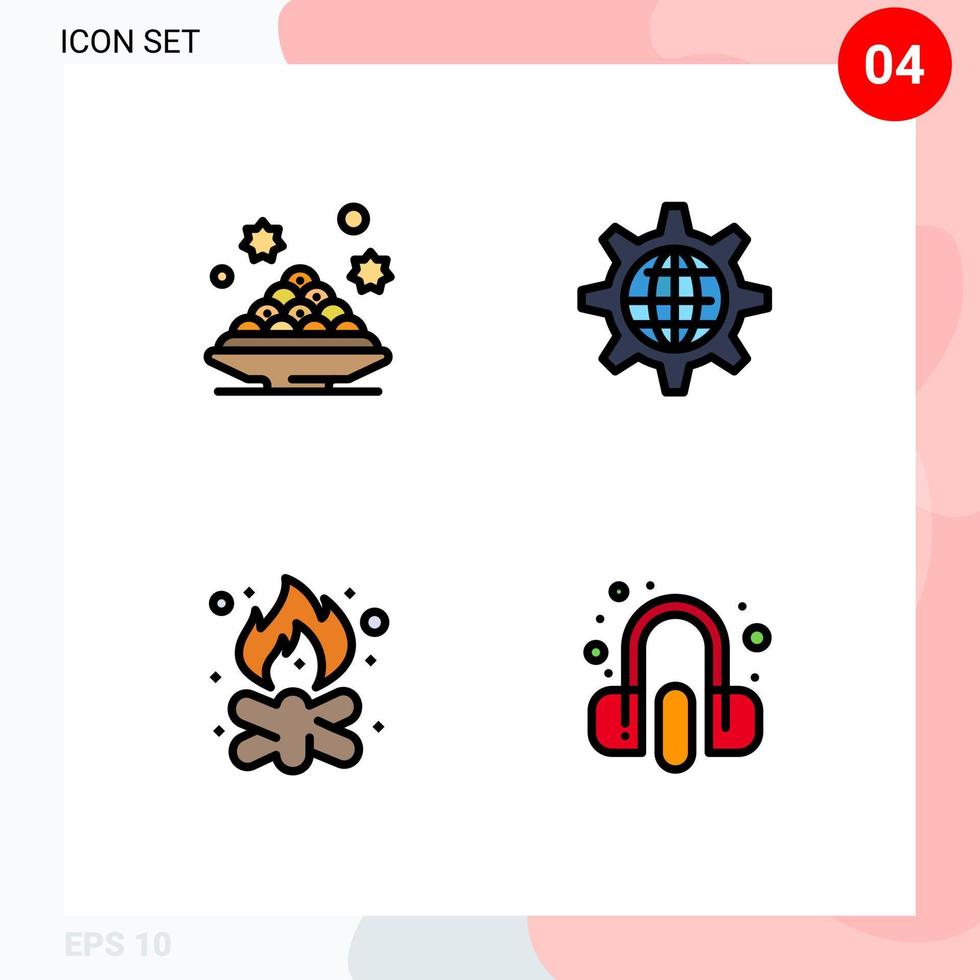 universelle Symbolsymbole Gruppe von 4 modernen Fillline-Flachfarben der Desserteinstellung Ramadan-Globus-Lagerfeuer editierbare Vektordesign-Elemente vektor