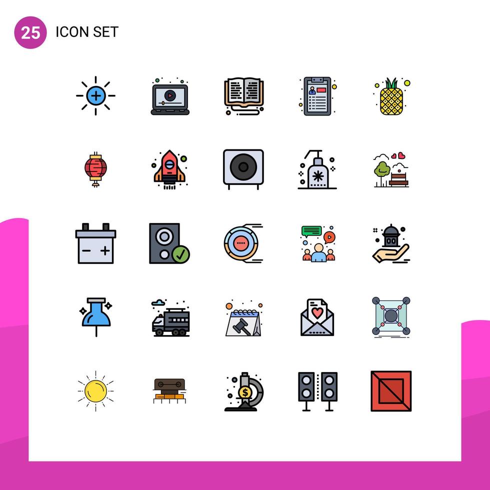 gruppe von 25 gefüllten linienflachfarben zeichen und symbole für lebensmitteljob-video-lebenslauf-online-lernen editierbare vektordesignelemente vektor