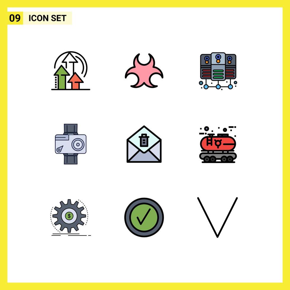 Gruppe von 9 gefüllten flachen Farben Zeichen und Symbolen für Nachricht Fotodatenbankserver Videoaktion editierbare Vektordesign-Elemente vektor