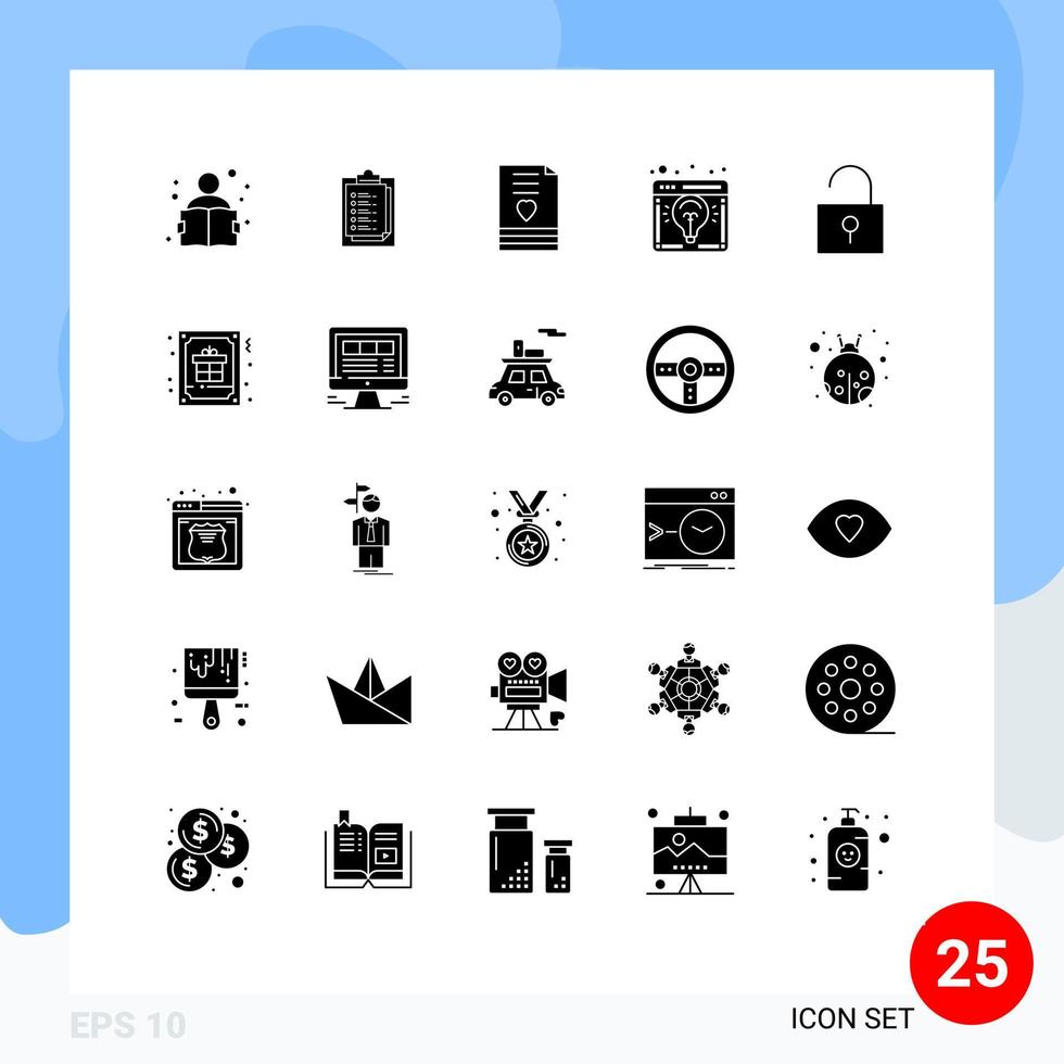 Solide Glyphenpackung mit 25 universellen Symbolen der Glühbirnenidee Herz Geschäftsidee Hochzeit editierbare Vektordesign-Elemente vektor