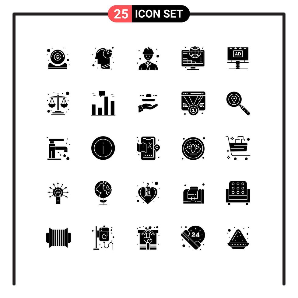 grupp av 25 fast glyfer tecken och symboler för baner ad linje arbetstagare mynt uppkopplad redigerbar vektor design element