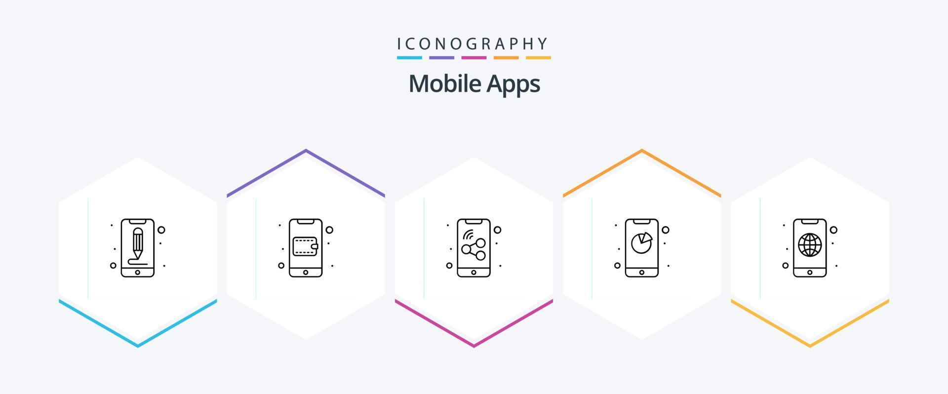 mobil appar 25 linje ikon packa Inklusive Ansökan. app. plånbok. samspel. analys vektor