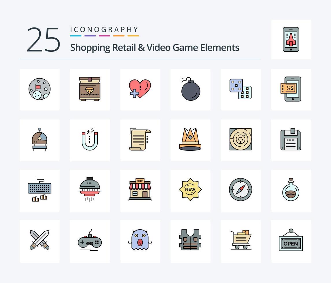 Einkaufen Einzelhandels- und Videospielelemente 25 Zeilen gefülltes Symbolpaket einschließlich Handy. Spielen. Liebe. Würfel. explosiv vektor