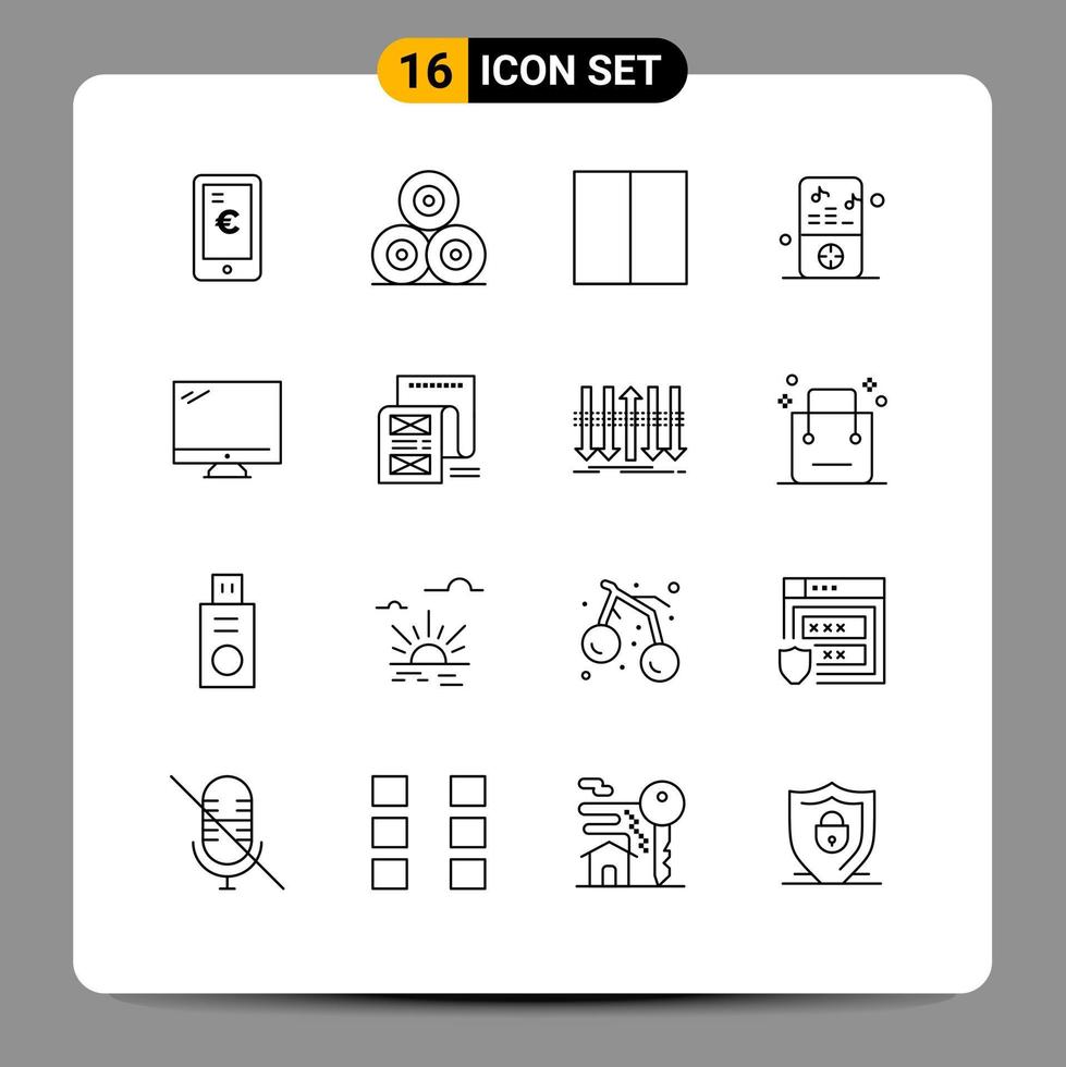 uppsättning av 16 modern ui ikoner symboler tecken för övervaka spelare rutnät musik spelare ipod redigerbar vektor design element