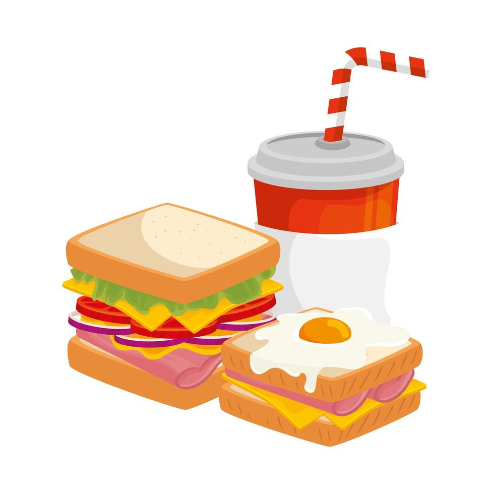 läckra smörgåsar med stekt ägg och dricka isolerad ikon vektor