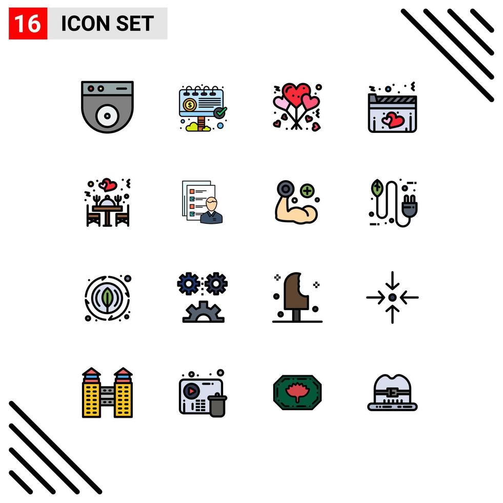 stock vektor ikon packa av 16 linje tecken och symboler för restaurang middag livsstil film hjärta redigerbar kreativ vektor design element