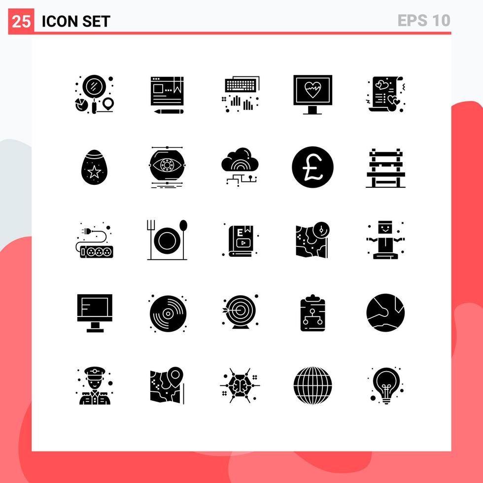 redigerbar vektor linje packa av 25 enkel fast glyfer av hjärta puls utbildning övervaka skriver redigerbar vektor design element