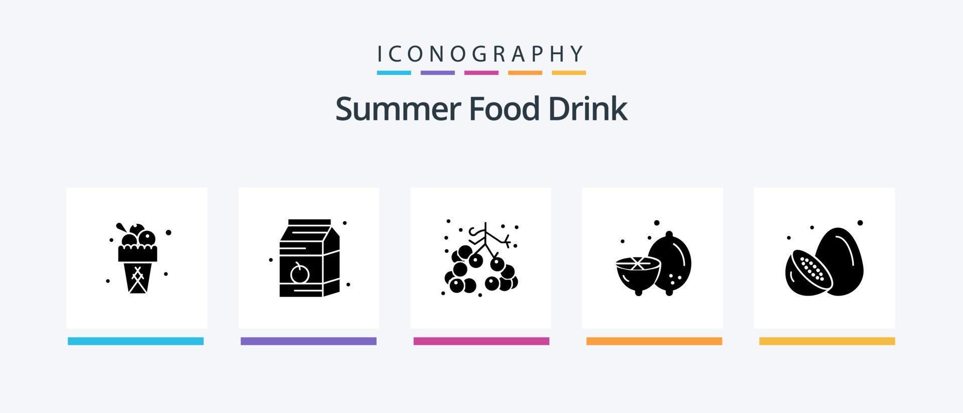 sommar mat dryck glyf 5 ikon packa Inklusive frukt. frukt. bär. sommar. citron. kreativ ikoner design vektor