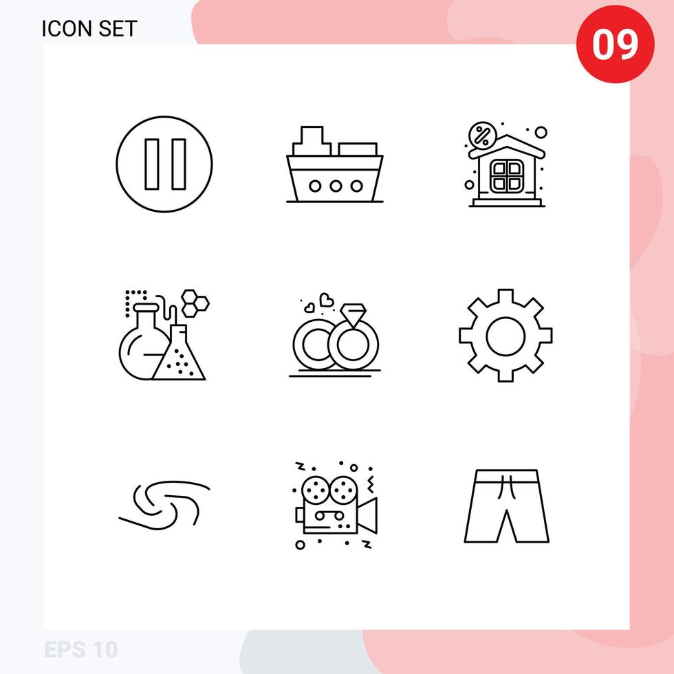 Mobile Interface Gliederungssatz von 9 Piktogrammen von Liebe Merraige Money Ring Test editierbare Vektordesign-Elemente vektor