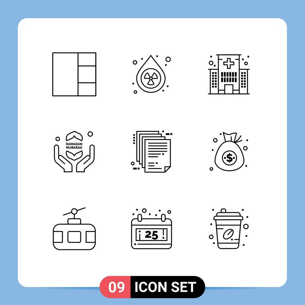 Stock Vector Icon Pack mit 9 Zeilenzeichen und Symbolen für die Unternehmensarchitektur Lieferbarer Gesundheitsislam schnell editierbare Vektordesign-Elemente