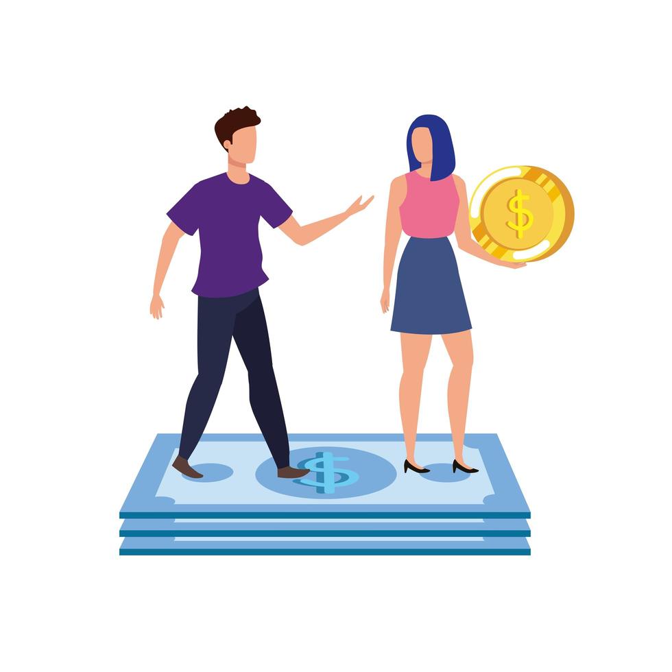 junges Paar mit Münzen und Geldscheinzeichen vektor