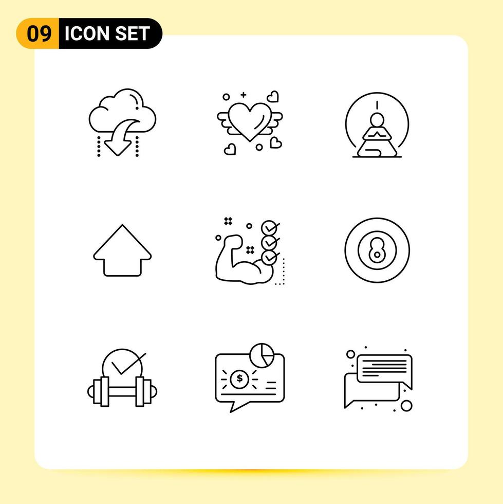 Mobile Interface Gliederungssatz von 9 Piktogrammen von Fitness-Up-Hochzeitspfeil mental editierbare Vektordesign-Elemente vektor