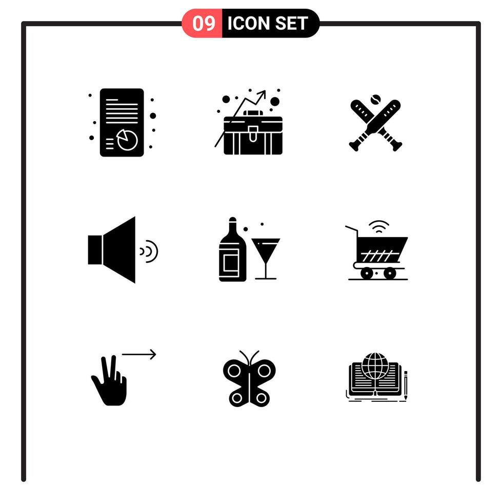 uppsättning av 9 modern ui ikoner symboler tecken för flaska glas boll volym ljud redigerbar vektor design element
