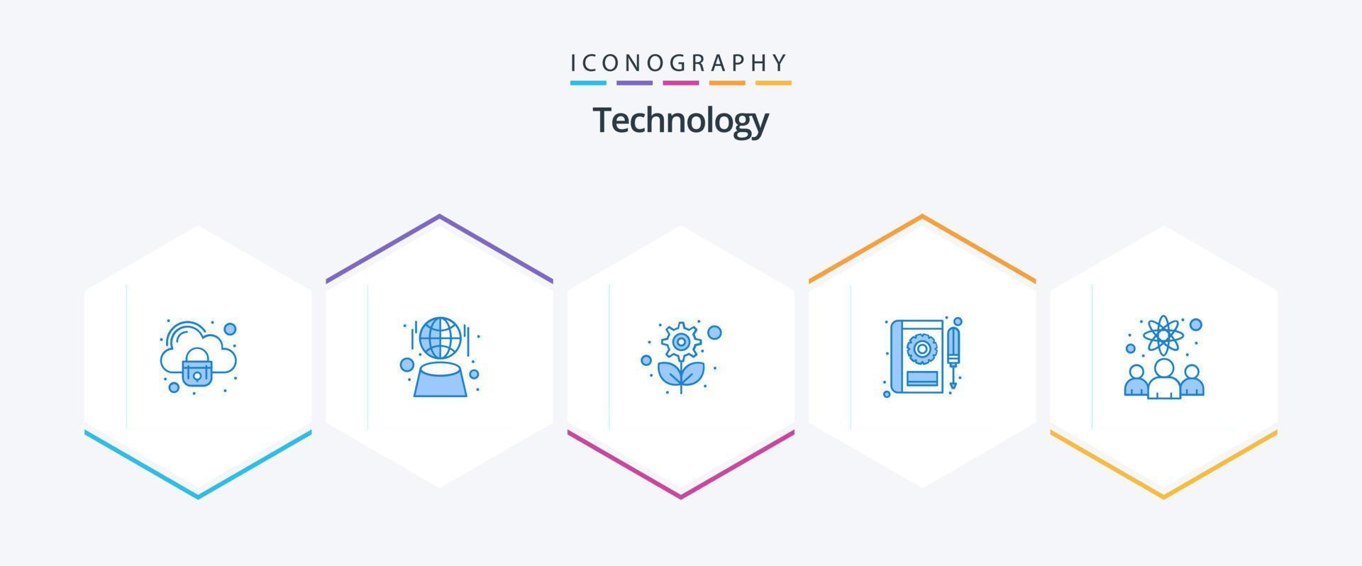 teknologi 25 blå ikon packa Inklusive kunskap arbetstagare. reparera. återvinning. manuell. bok vektor