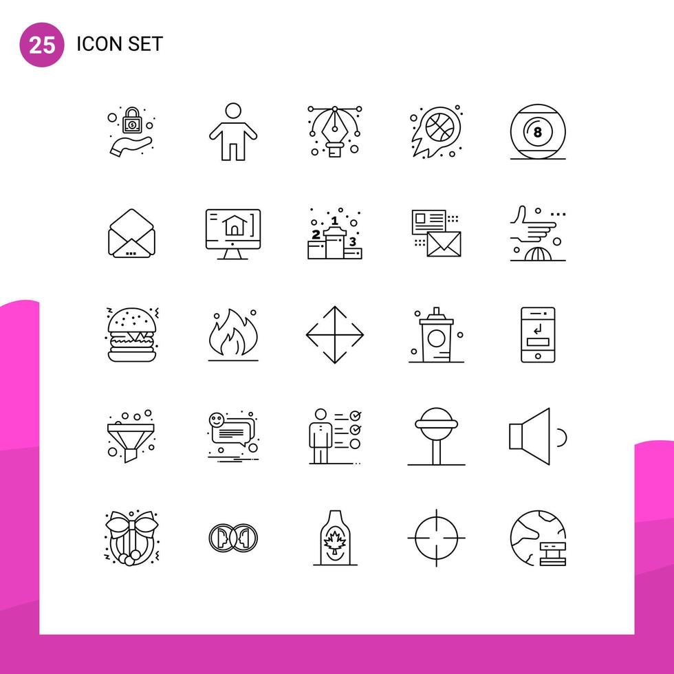 Line-Pack mit 25 universellen Symbolen von Line-Ball-Grafik-Sport-Feuer-editierbaren Vektordesign-Elementen vektor