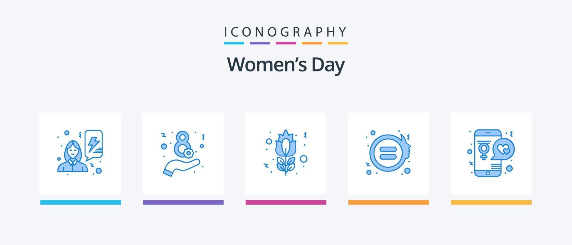 kvinnor dag blå 5 ikon packa Inklusive kärlek. app. blomma. rättvisa. feminism. kreativ ikoner design vektor
