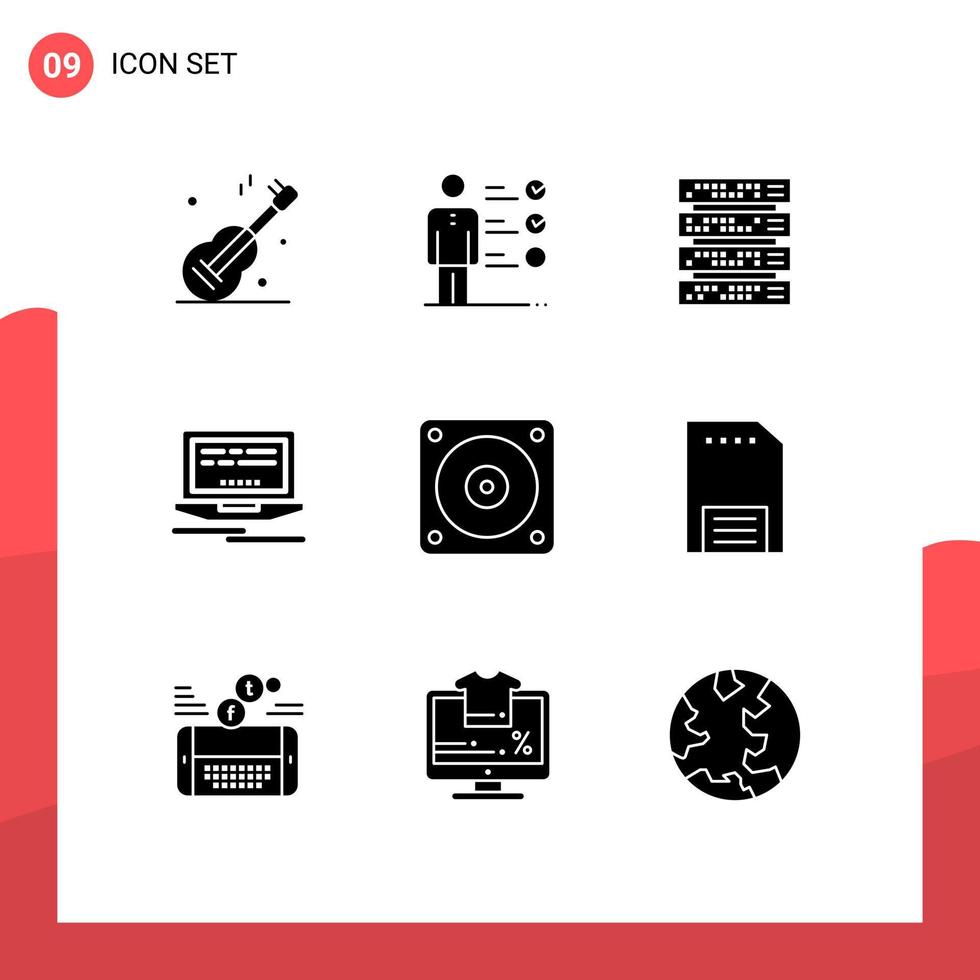 moderner Satz von 9 soliden Glyphen-Piktogrammen von bearbeitbaren Vektordesign-Elementen für mechanische elektrische Computerdesign-Laptops vektor