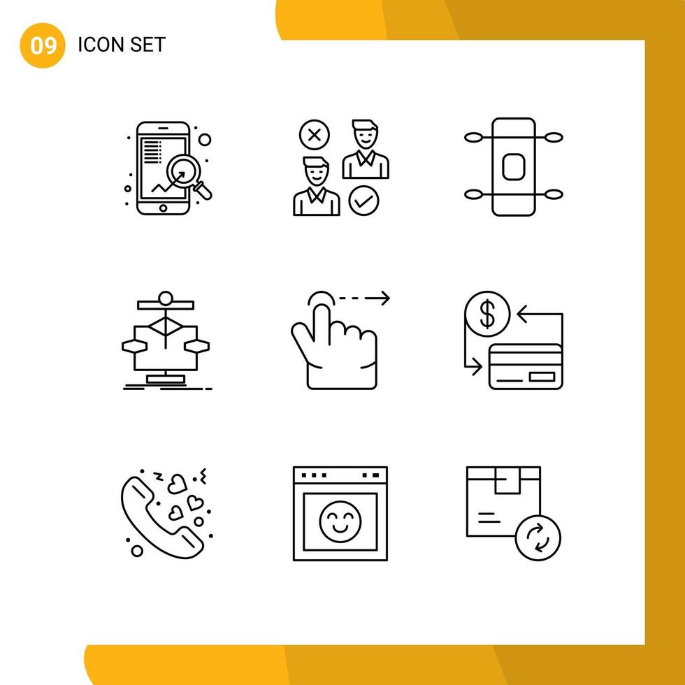 9 universell konturer uppsättning för webb och mobil tillämpningar finger diagram annullera data algoritm redigerbar vektor design element