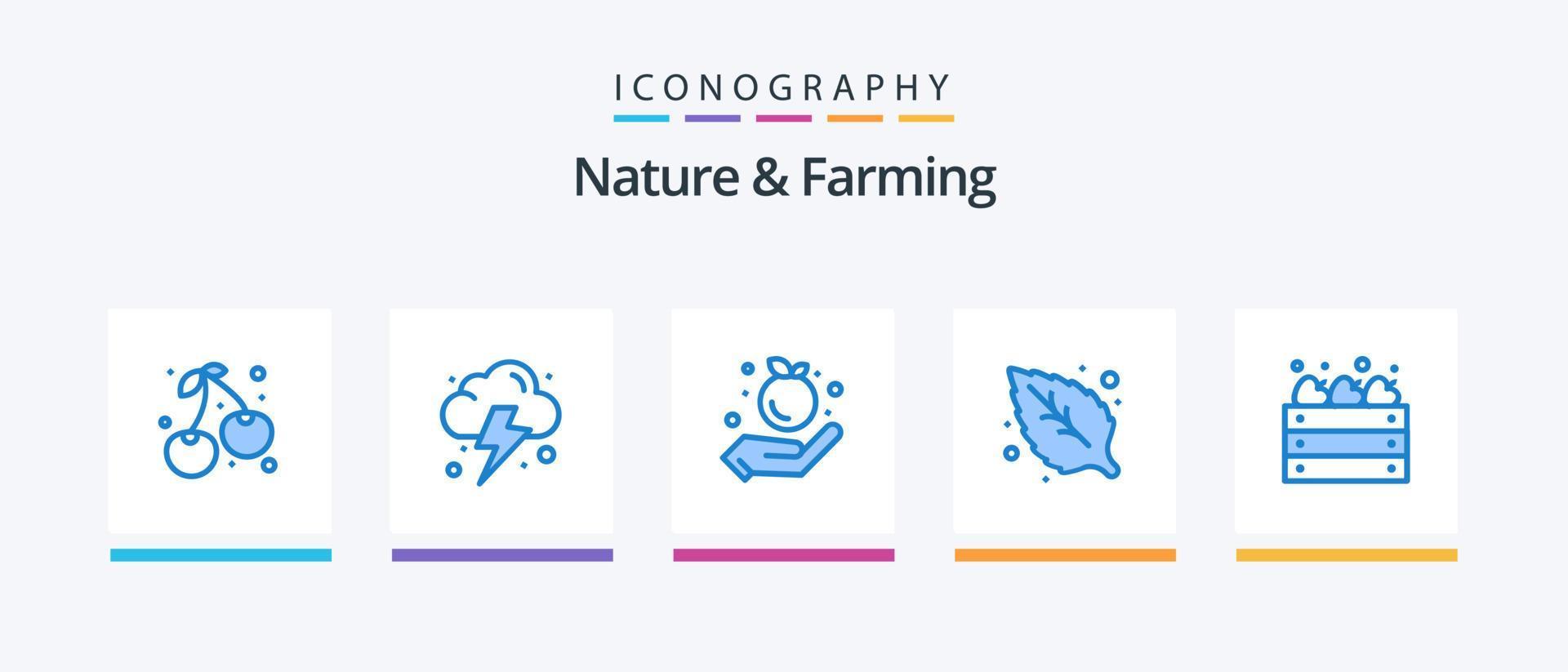 natur och jordbruk blå 5 ikon packa Inklusive . odla. mat. äpplen. blad. kreativ ikoner design vektor