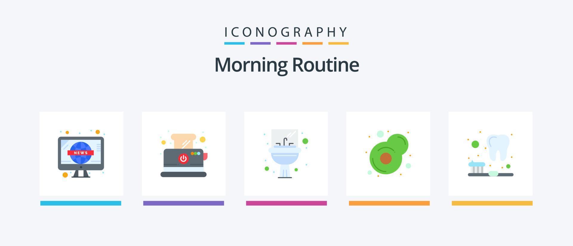 morgon- rutin- platt 5 ikon packa Inklusive tänder. borsta. badrum. fritera. frukost. kreativ ikoner design vektor