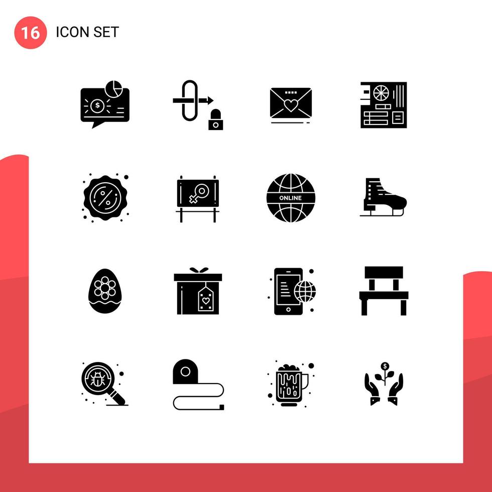piktogram uppsättning av 16 enkel fast glyfer av procent moderkort SMS huvud styrelse redigerbar vektor design element